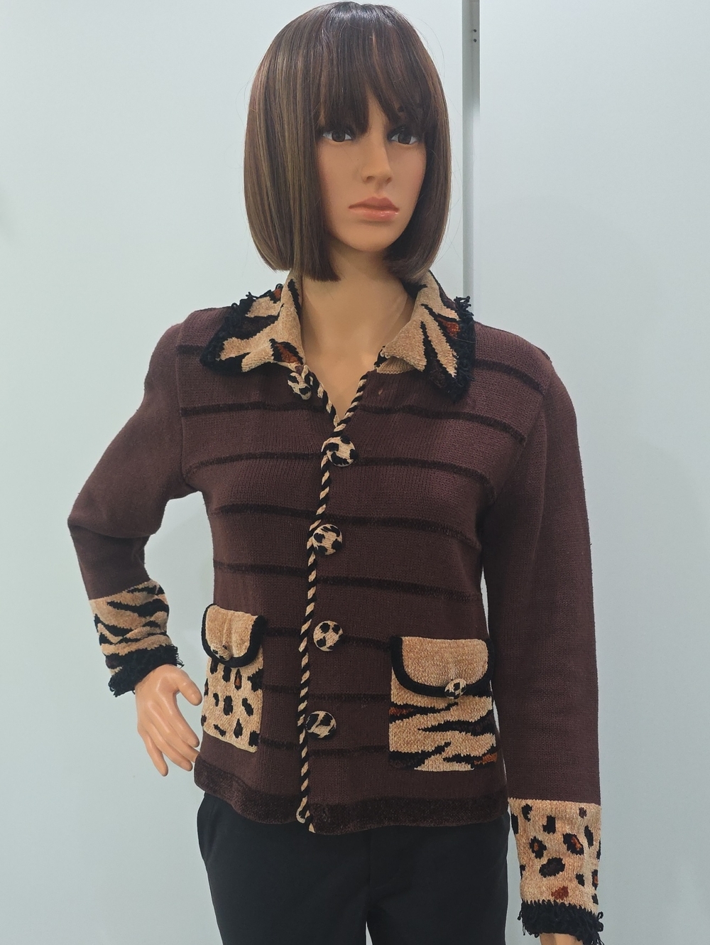 Jack B Quick Brown Knit Cardigan with Tan & Black Animal-Print Trim. Size PP